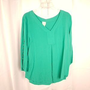 Chico's Sz 2 Womens 12 Green V-Neck Slit Sleeve Viscose Blouse Shirt